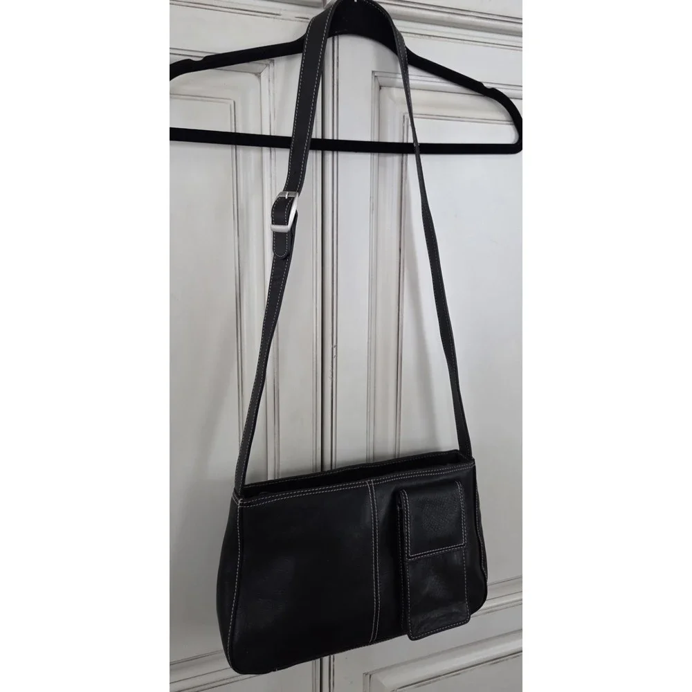 Vtg Preston & York Leather Crossbody Shoulder Purse Adjustable Blk Stitch Trim‎